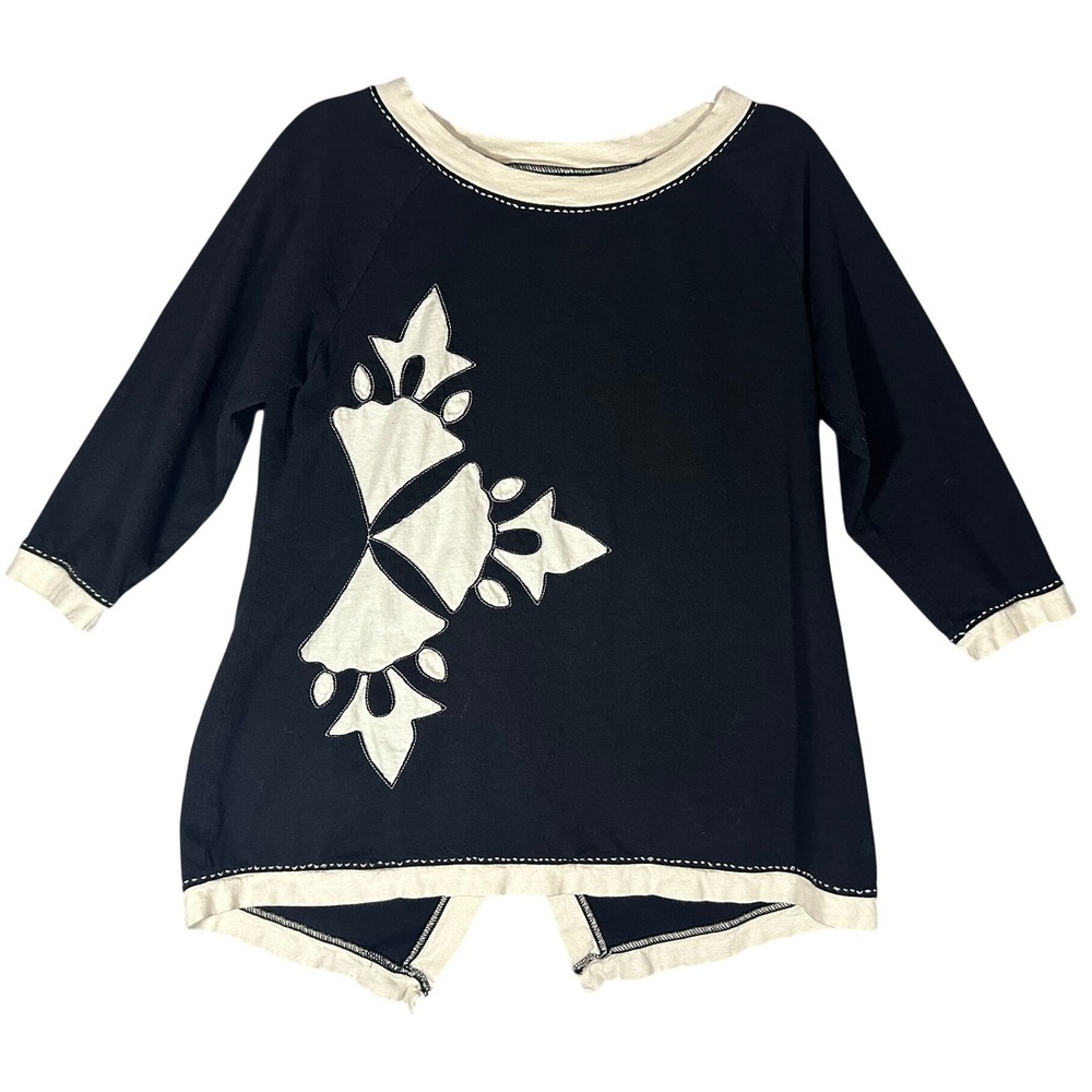 Soft Surroundings Linen Cotton Applique Split Back Top Sz M Artsy Half‎ Sleeve